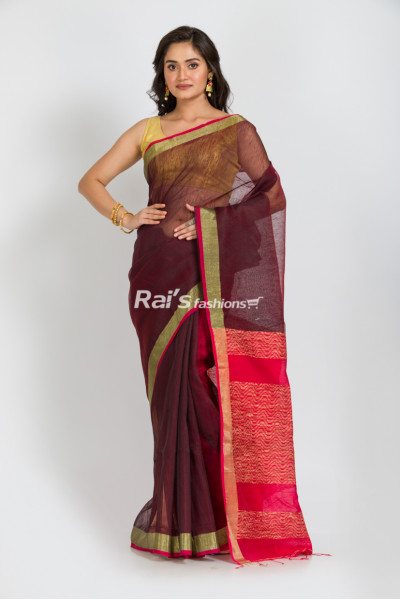 Handloom Silk Linen Saree With Golden Zari border And Contrast Color Pallu With Gicha Weaving Design (KR197)
